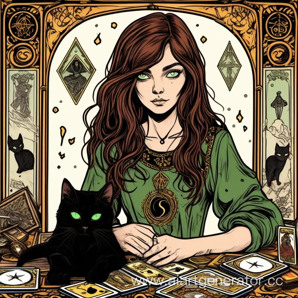 Девушка с коричневыми волосами и коричнево-зелеными глазами с таро на столе и черным котом на руках