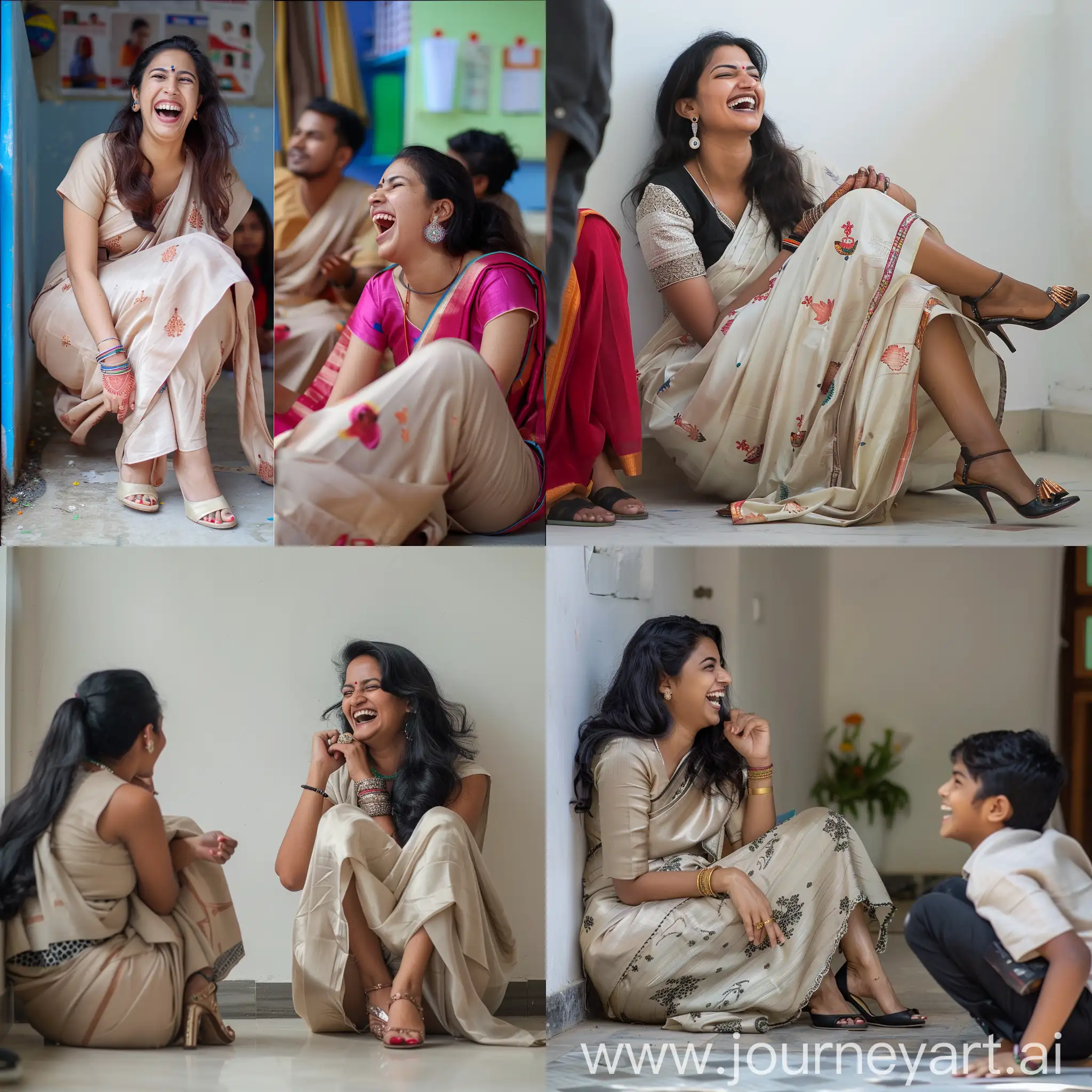 Laughing-Indian-Teacher-in-Saree-and-Heels-with-Student