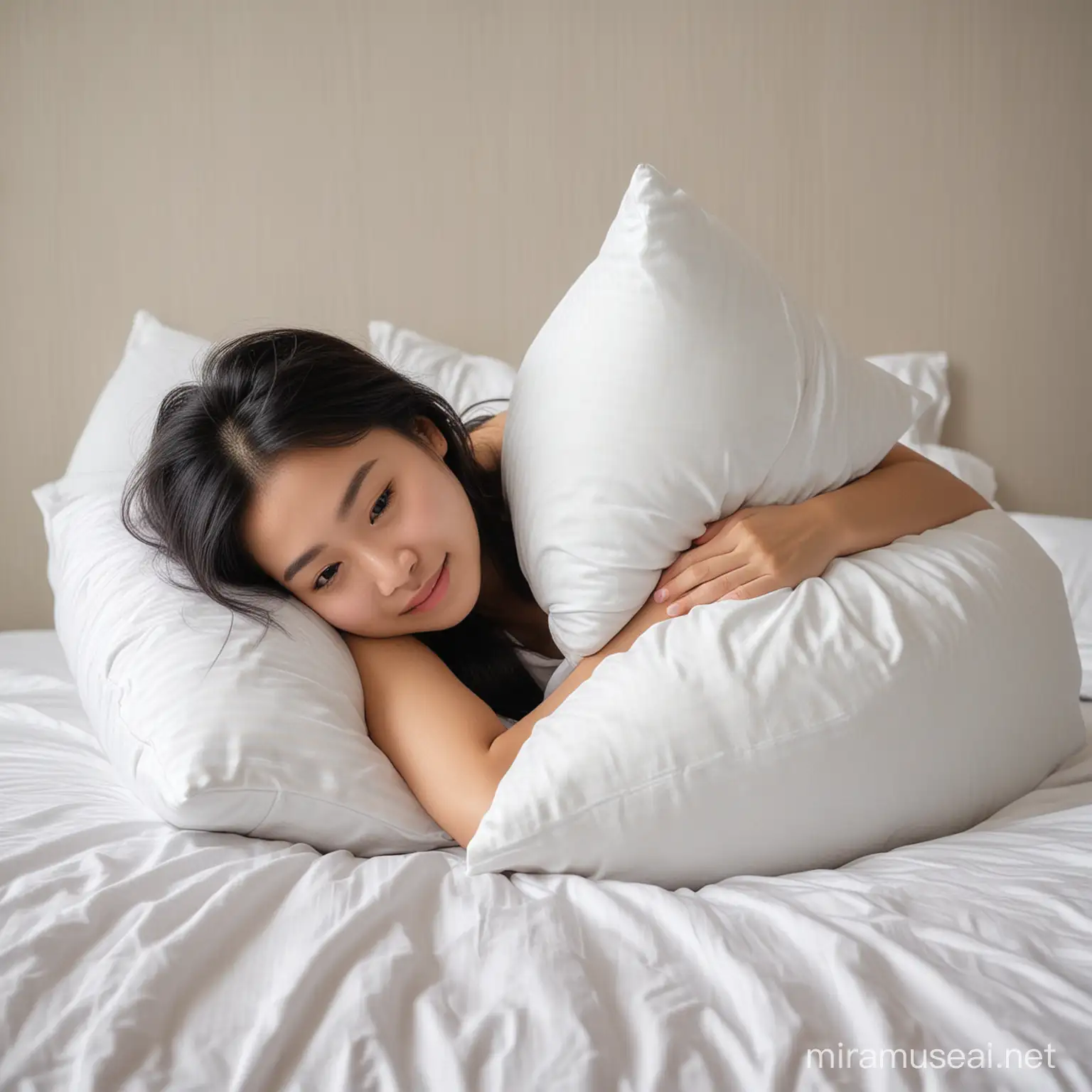 Asian Girl Hugging Pillow in Bed