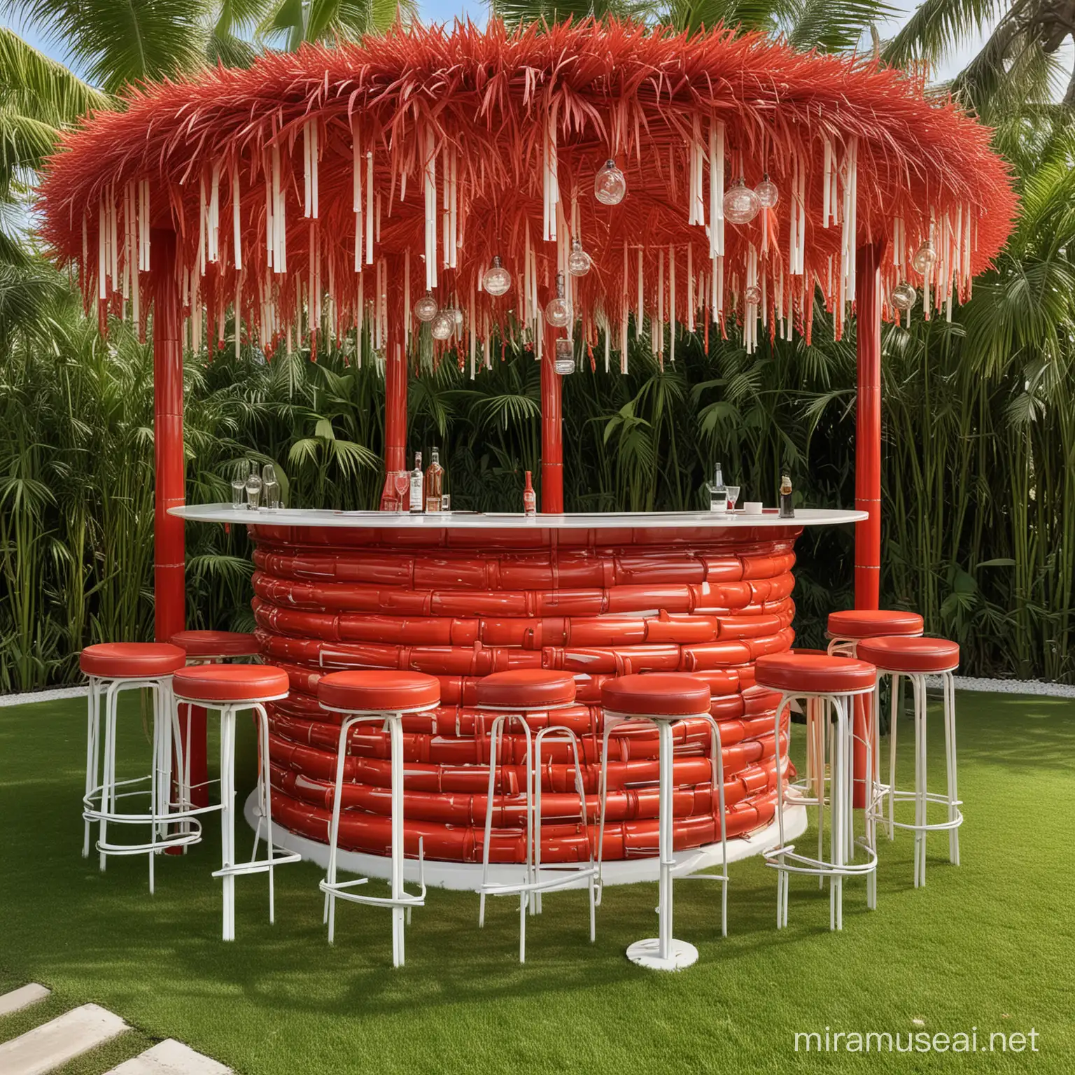 MARTINI Red and White Bar made of vertical red painted bamboos. Bar with round ceiling and big hanging curved light. Outdoor grass floor and palm tress. Few bar stools. Few bottles on display