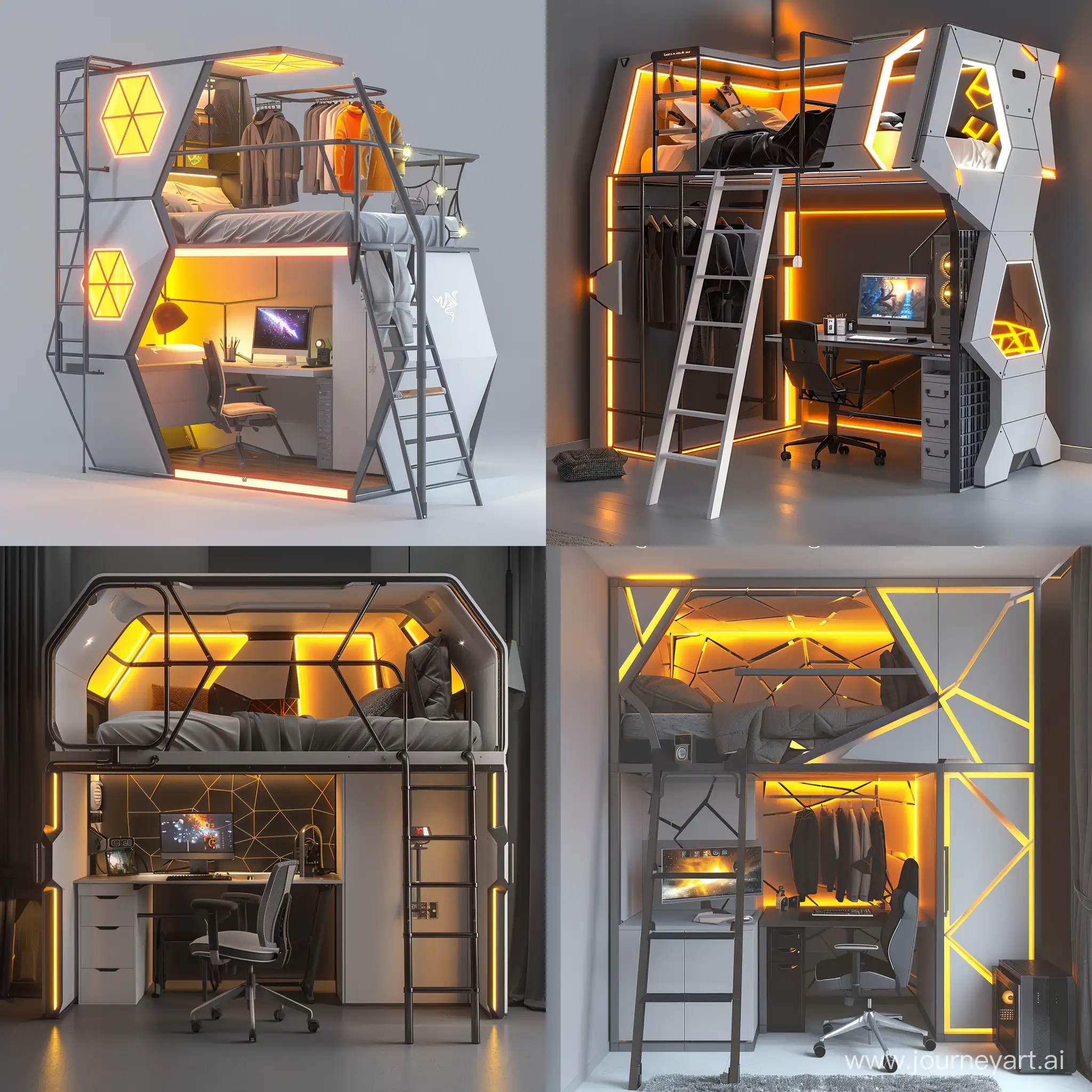 A unit for gamers containing tow levels , in the first level a bed 10 centimeters high from the ground. a ladder that leads to an second upper part without bed that contains desk with a computer and chair, wardrobe next to it. The structure of the unit is made of iron in a modern space style. It contains strong lighting in  geometric shapes in bright yellow, orange colors. The dimensions of the unit are 3 meters and 150 cm, with a height of 3 meters. The colors of the unit are white and gray.