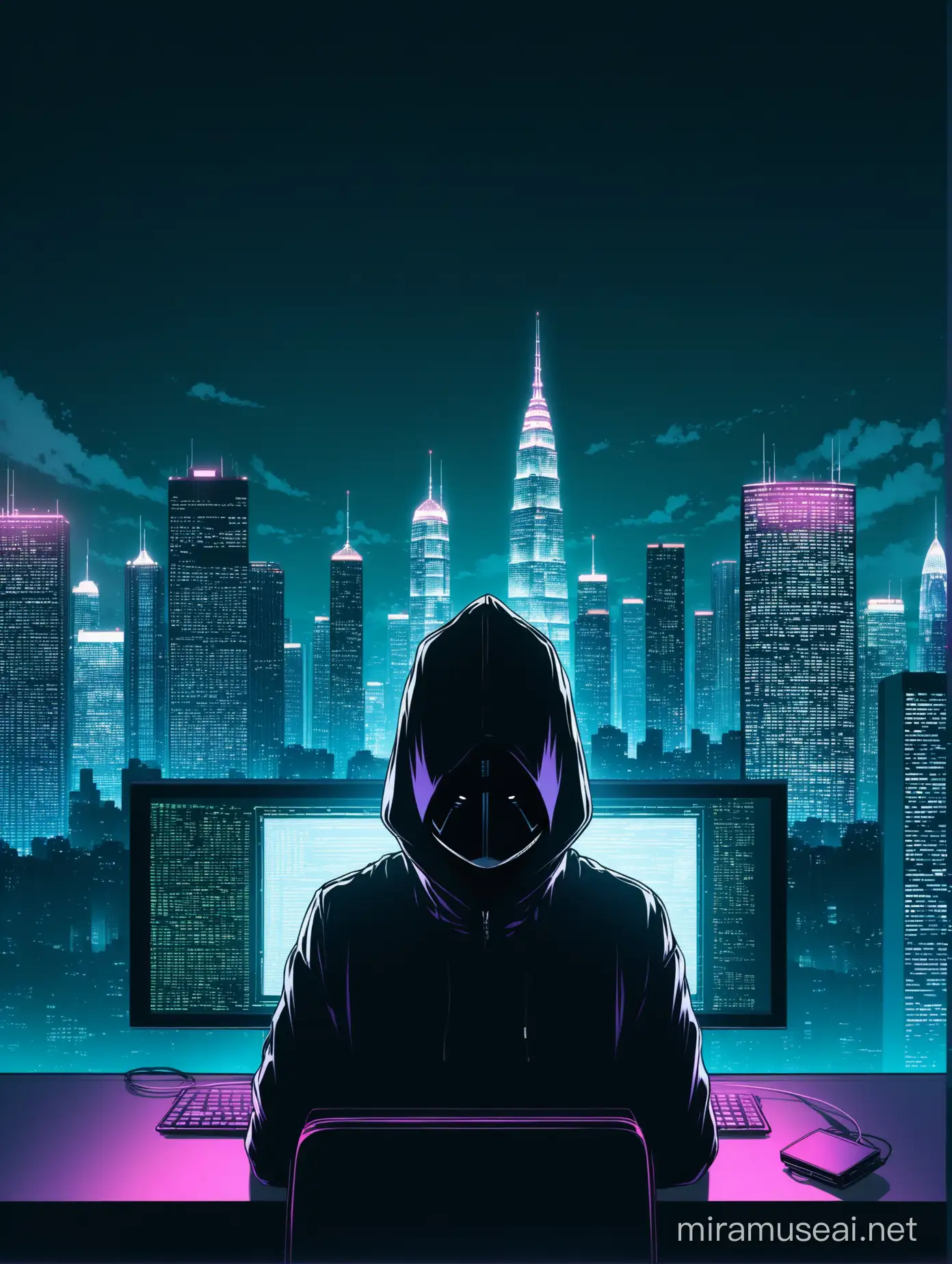 a hacker coding with dark face and facing towards us and skyscrapers and nature blend in background
