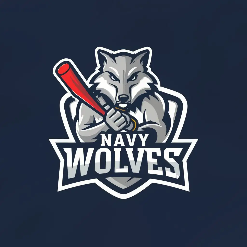 a logo design,with the text "The Navy Wolves", main symbol:cartoon wolf with a baseball and bat,Minimalistic,be used in Sports Fitness industry,clear background