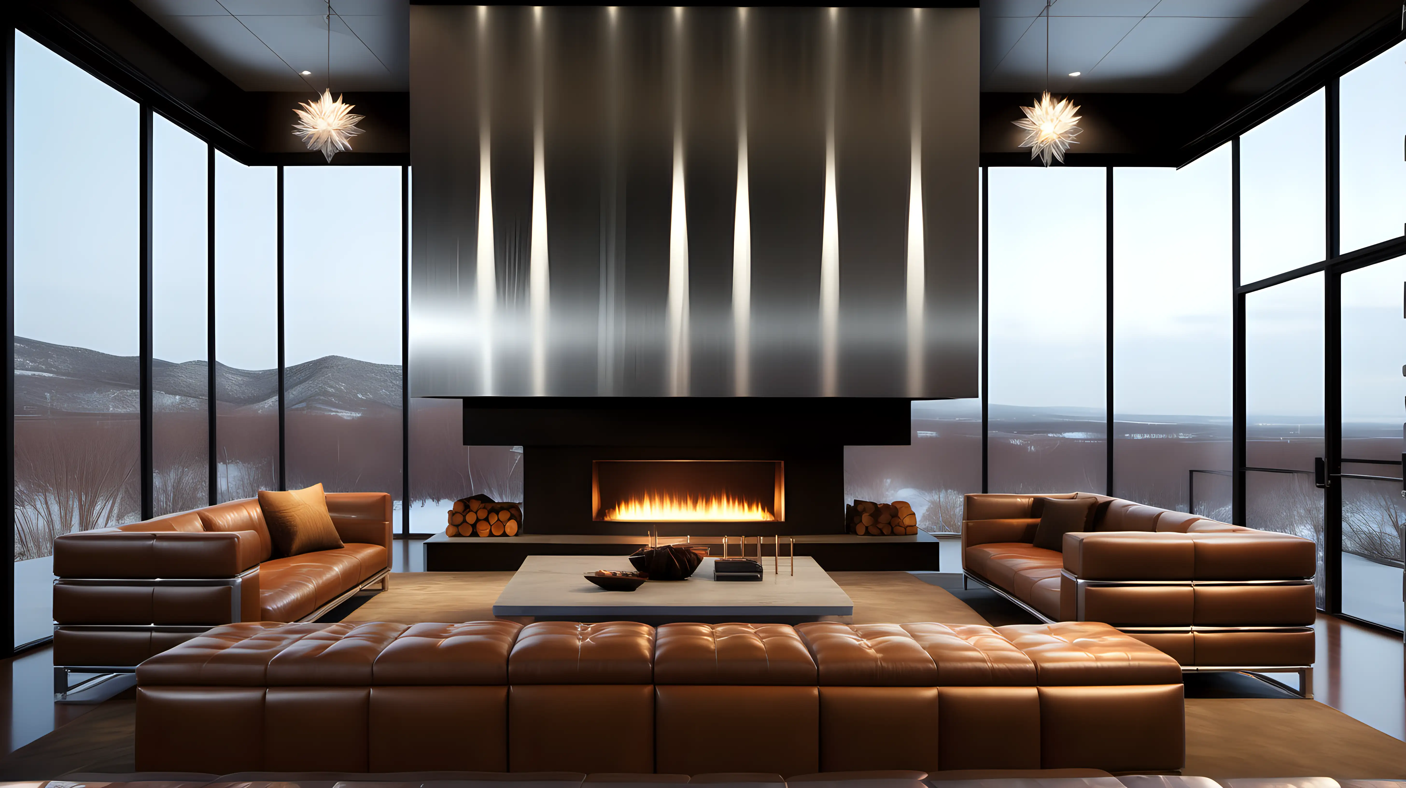 A living room constructed of aluminum paneling and aluminum beams, leather furniture, one fireplace, warm lighting, photo-realistic quality.