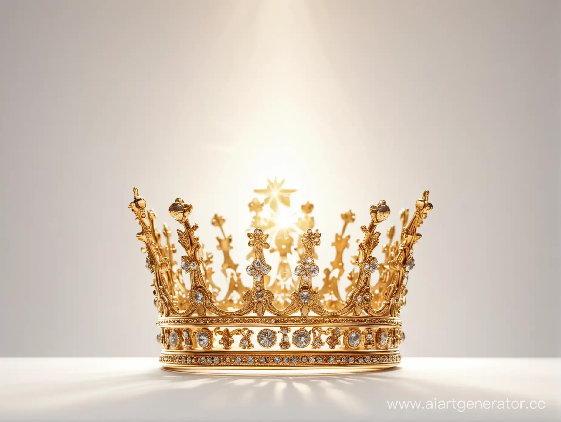 A beautiful golden crown in the foreground. On a white background: heaven, light