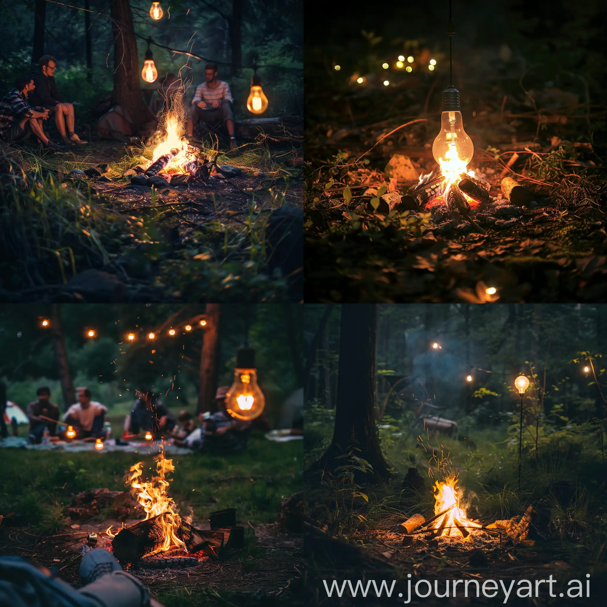 campfire party by night with lightbulb surrounded