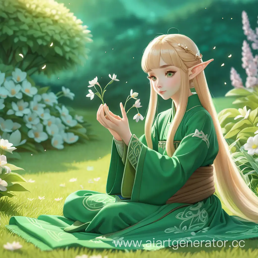 Светловолосая эльфийка в ханьфу зелёного цвета сидит на траве в саду среди цветов и держит один из них перед собой