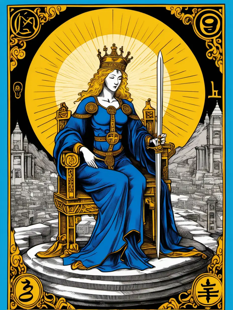 A Tarot card from the Marseille deck, bearing the number 8 in the upper left corner, depicts Justice as a blonde widow dressed in blue and black sitting in a throne holding in her right hand a sword faced up and in her left hand a scale with two plates perfectly balanced, it is dawn and we can see  elements of Spring, Summer and Winter mixed together in the background, over her head there is a large sun containing the face of a king, the numeric symbol of gold,  hierogliphs and chinese characters, there is also a computer and a plain