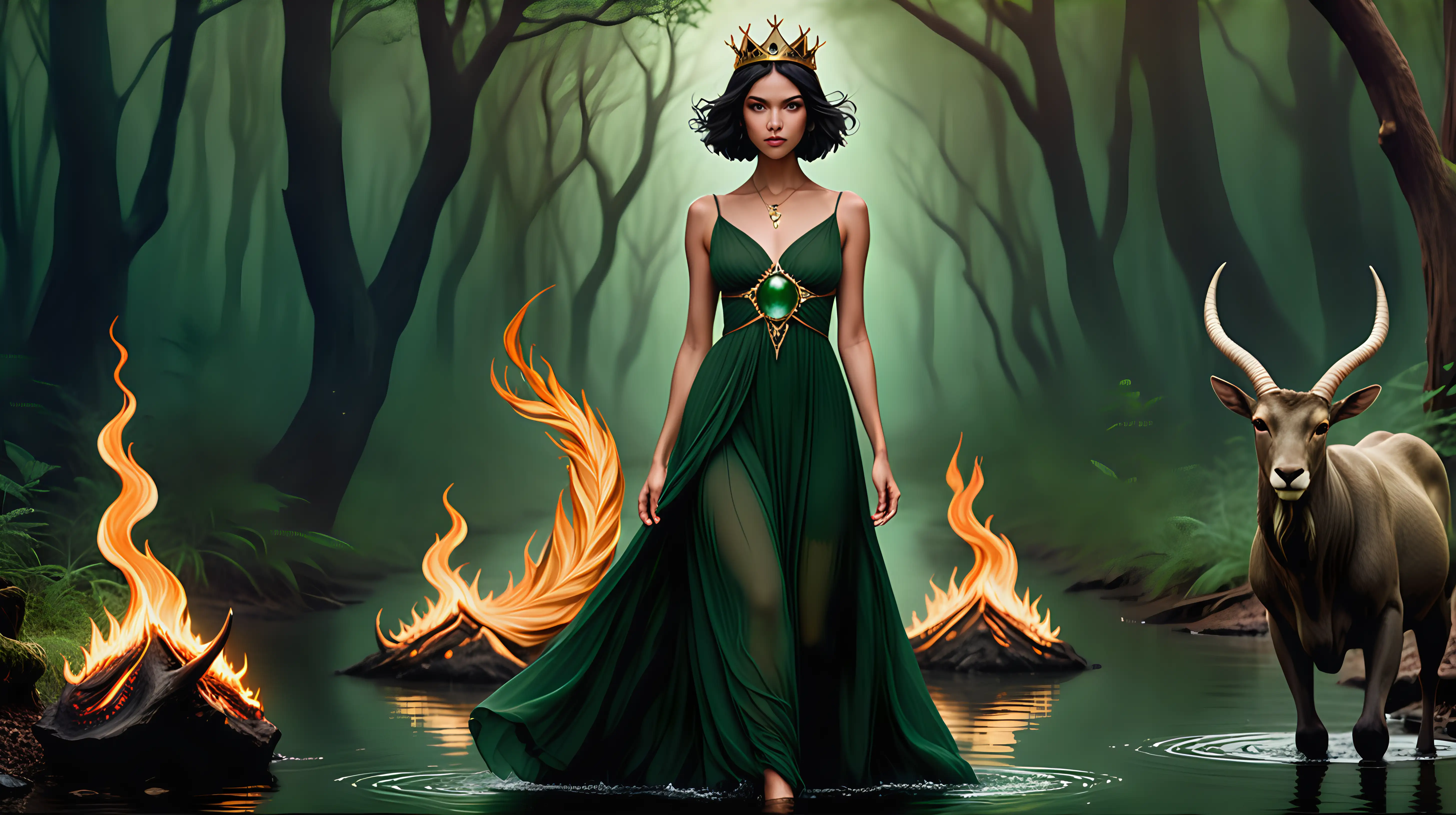 Leo Sun, Cancer Moon, and Capricorn Rising:
dark short hair, brown eyes, olive skin, full body thin hourglass figure in a gorgeous flowy earthy deep green dress, crown, walking in a forest surrounded by fire, and water 
Regal caretaker, embodying Leo's radiant leadership with Cancer's nurturing heart, all grounded in Capricorn's disciplined resolve. 