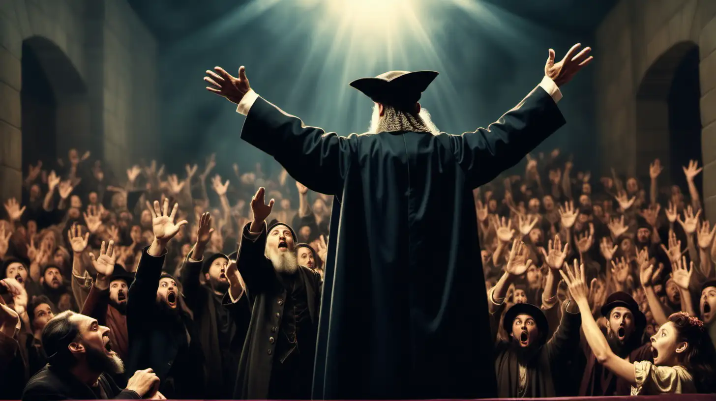 nostradamus raising his hands and  predicting events in a dramatic way standing on a stage while among a crowd who is raising their hands and is shocked