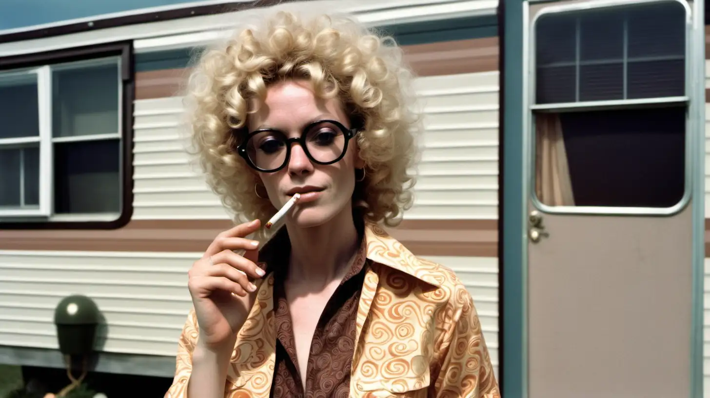 Stylish Woman in 1970s Fashion Smoking by Vintage Mobile Home