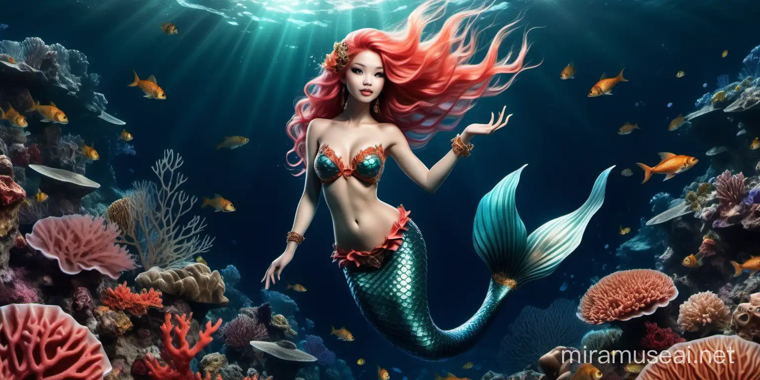 Oriental Mermaid Swimming Amidst Coral Reefs and Fish