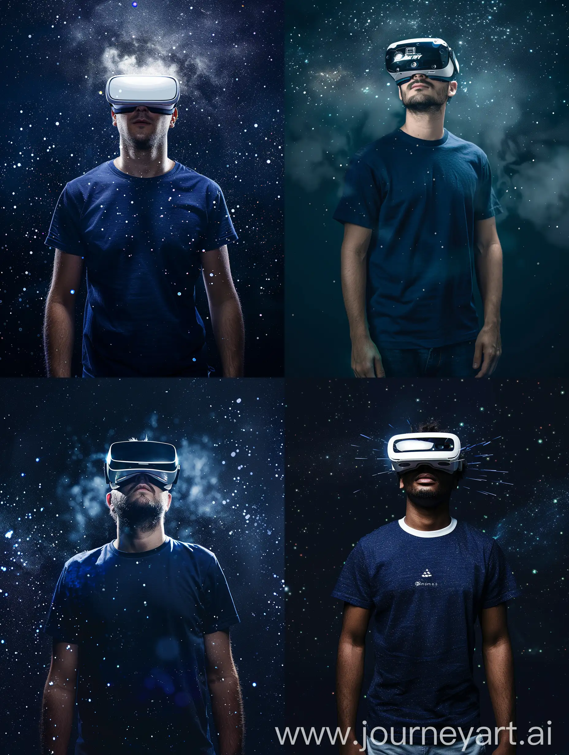 Medium Shot of a Men With VR Glasses, Navy Blue T-shirt, White Light Reflections on Men, Middle of the Frame, Galactic Dark Background, Adobe Photoshop Software, High Quality --v 6.0 --ar 3:4