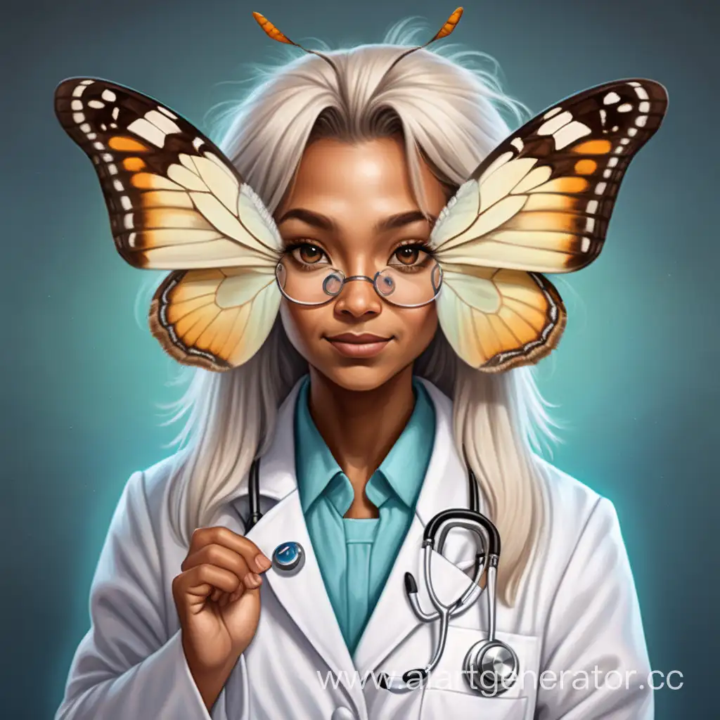 Big fluffy cute kind butterfly with the face of a female doctor in a white medical coat with silkmoth wings cerura vinula