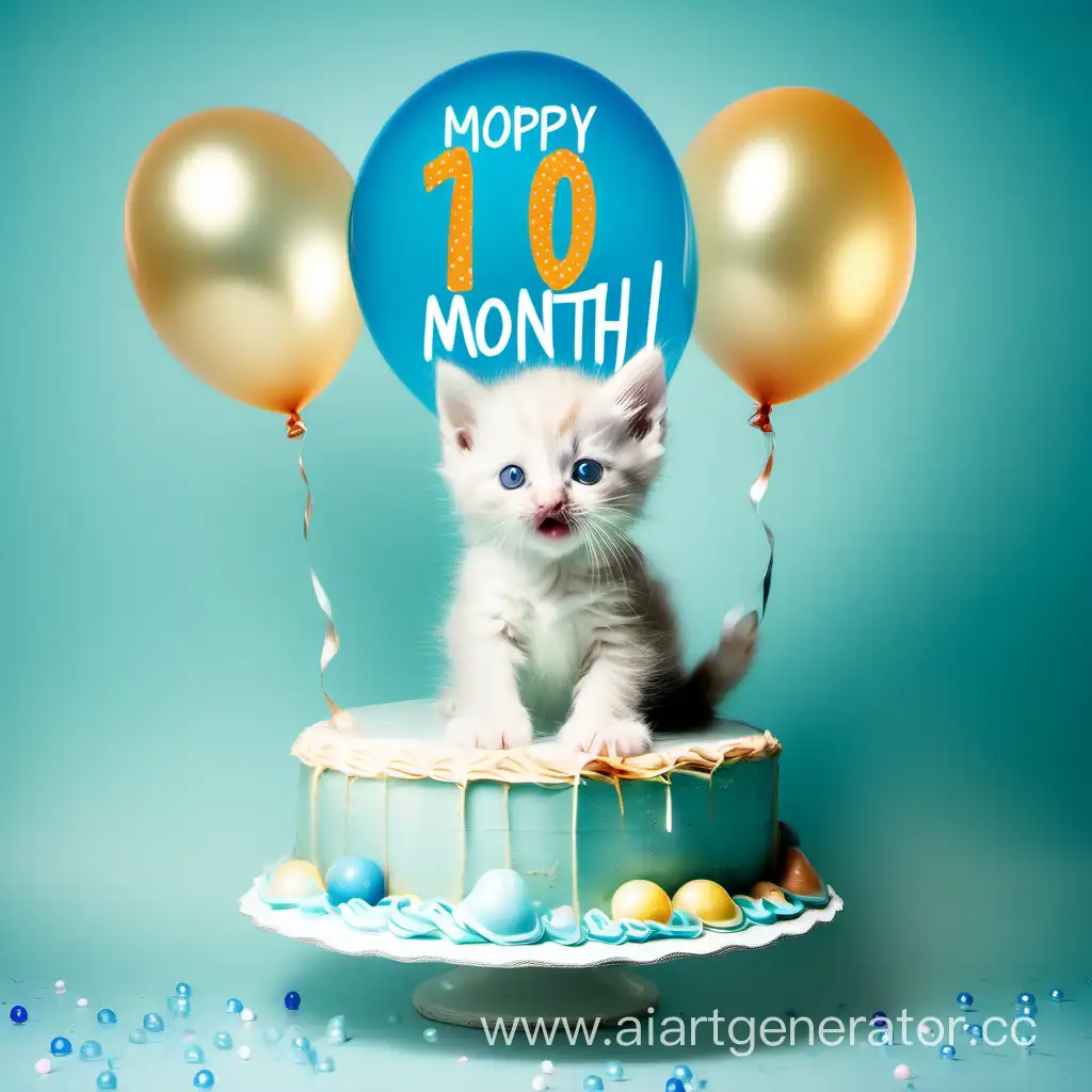 аквареальный котик с прозничним тортом с шариками с надписю 1 месяц