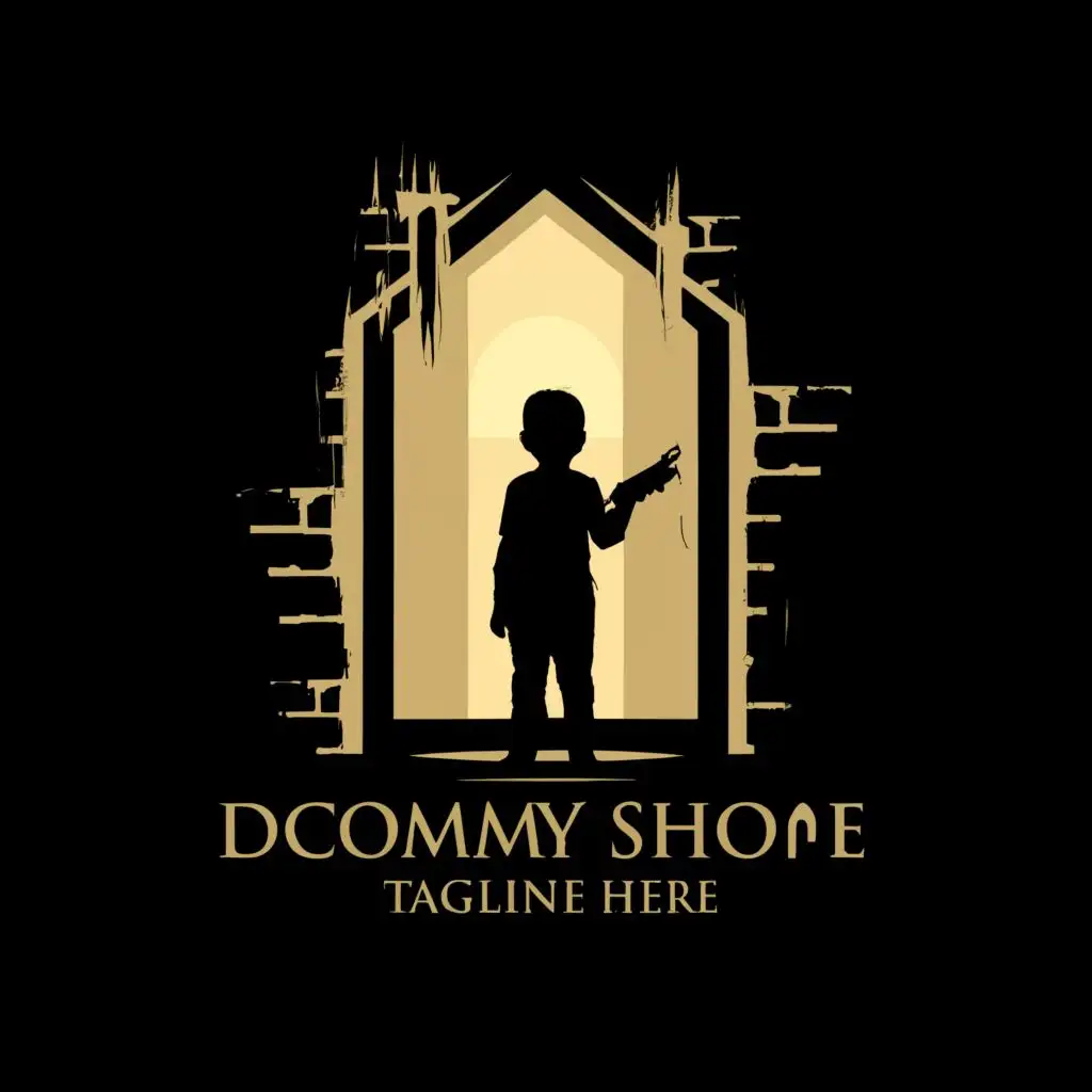 a logo design,with the text "Shadows of the mind", main symbol:A kid in a lit door frame holding a shotgun,Moderate,clear background