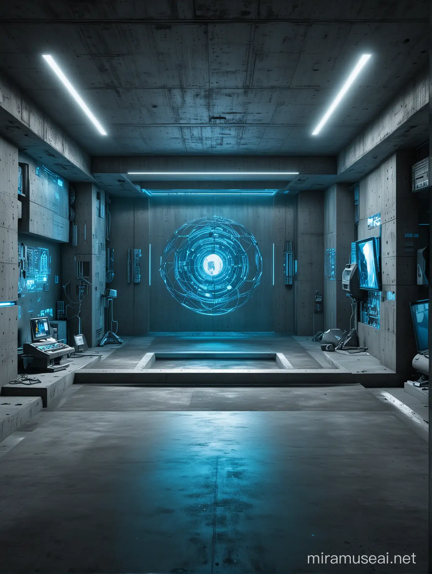 futurister Raum, viel technik, beton und stahl, dunkel und von blauem licht erleuchtet, in der Mitte ein Hologramm
