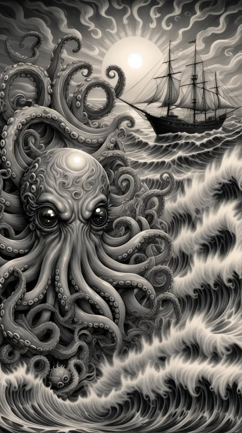 multi layered greyscale, two eyes in the waves with a highly detailed sun in the background, sea creatures and octopus with detailed eyes playing below, small sail boat in the background