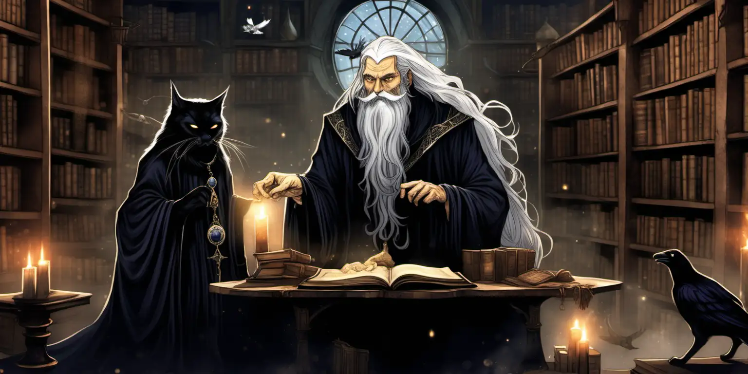 sorcerer, he has a silver beard, he is sitting at  the table, he is dressed in a black robe , he has long silver hair & a beard, he is magical, there is a round mirror on the table. Two ravens are sitting on the sorcerers shoulders. There is a library of ancient book, a chandelierr with candles, there is a black cat, there is a ginger cat 