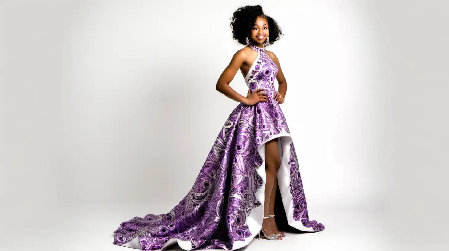 full body african american high school model a prom dress  with a white background