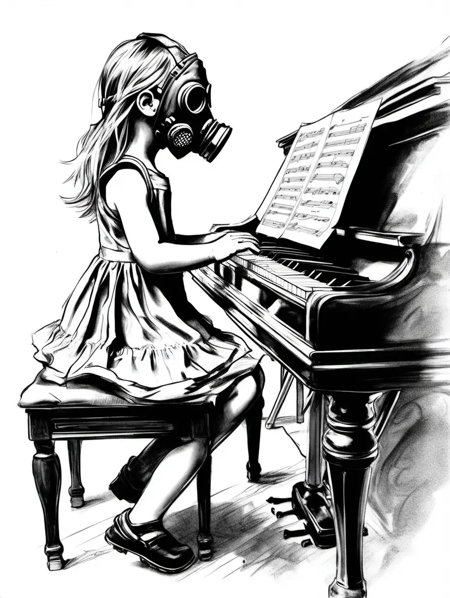 Young Pianist in Vintage Dress and Gas Mask Performing Artistic Sketch