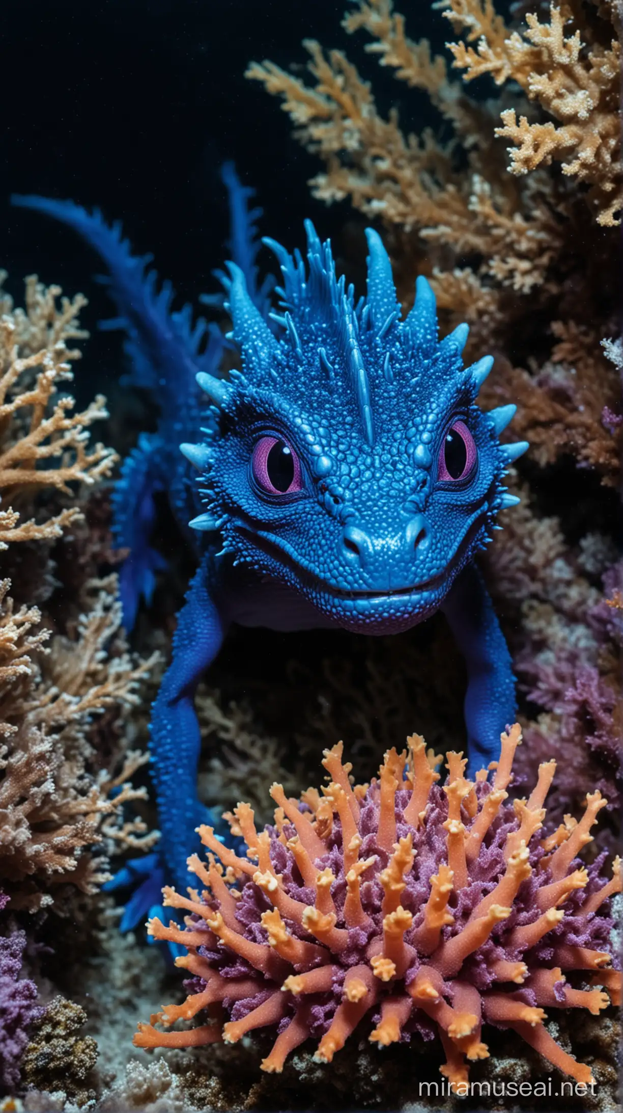 фиолетовый маленький дракон выглядывает из морских кораллов на дне темно-синего моря