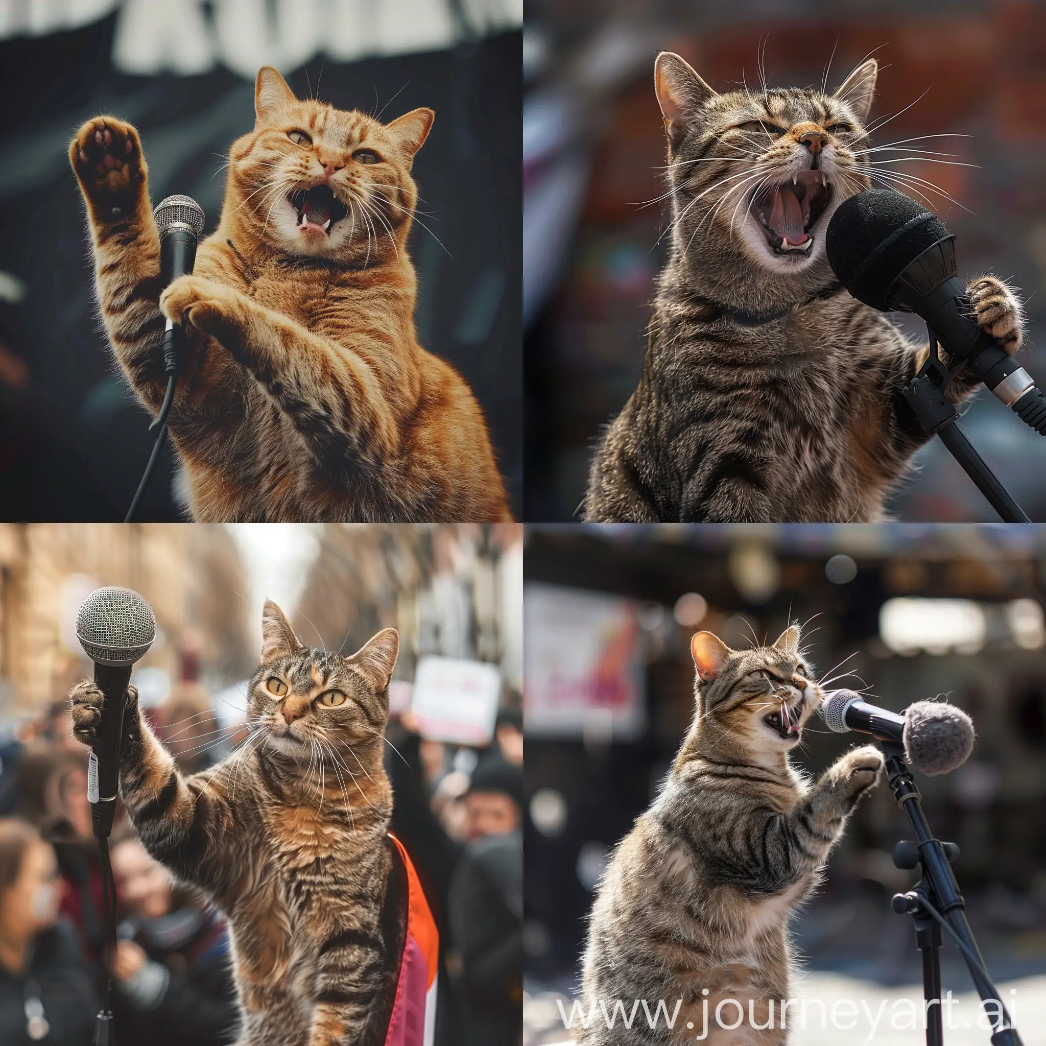 cat on protest speaking through microphone