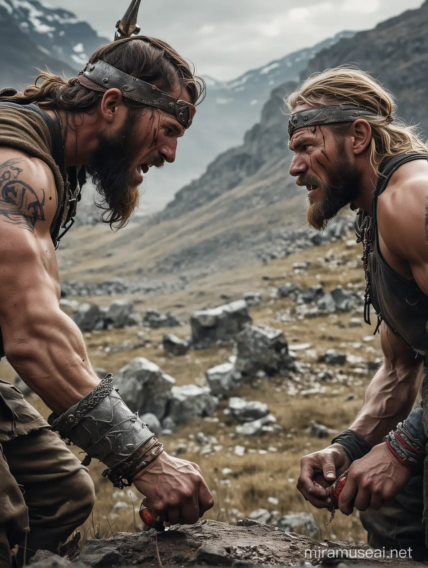 In the midst of rugged mountains, two fierce Vikings engage in a battle of strength and willpower. Each is determined to claim the coveted prize: a single bottle of Red-Bull energy drink, their elixir of energy and vigor. With muscles tense and weapons drawn, they clash amidst the harsh terrain, their roars echoing through the valleys. Theirs is a primal struggle, fueled not just by the desire for refreshment, but by the relentless drive to emerge victorious in this epic contest of endurance, apperance of his hands and face texture should be realistic with cinematic backgrounds.