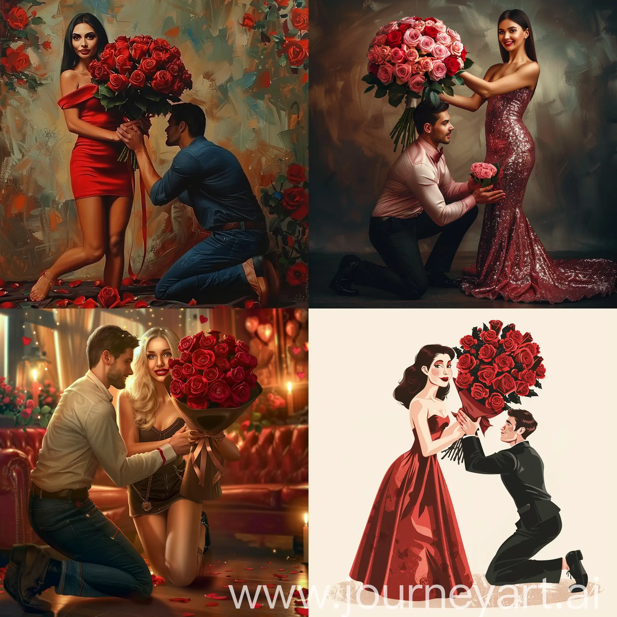 A richest girls with Valentine’s Day. She has a man that gives her big bouquet of roses with kneeled down post . A woman she is a big madam that so beautiful and richest in the world. And she’s celebrated valentines with her boy. 