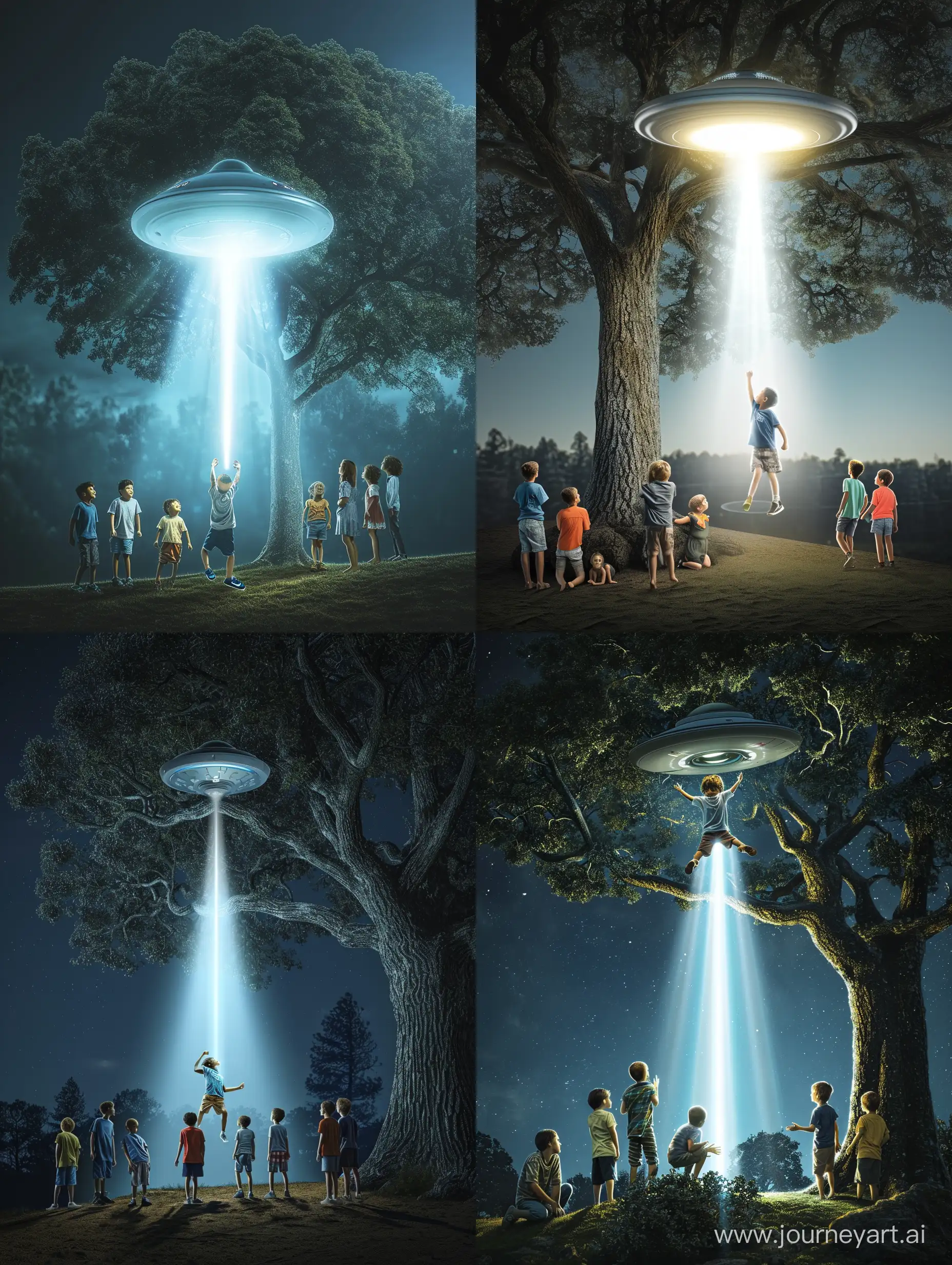 Enchanting-Night-Encounter-UFO-Lifts-Young-Boy-Amidst-Astonished-Friends