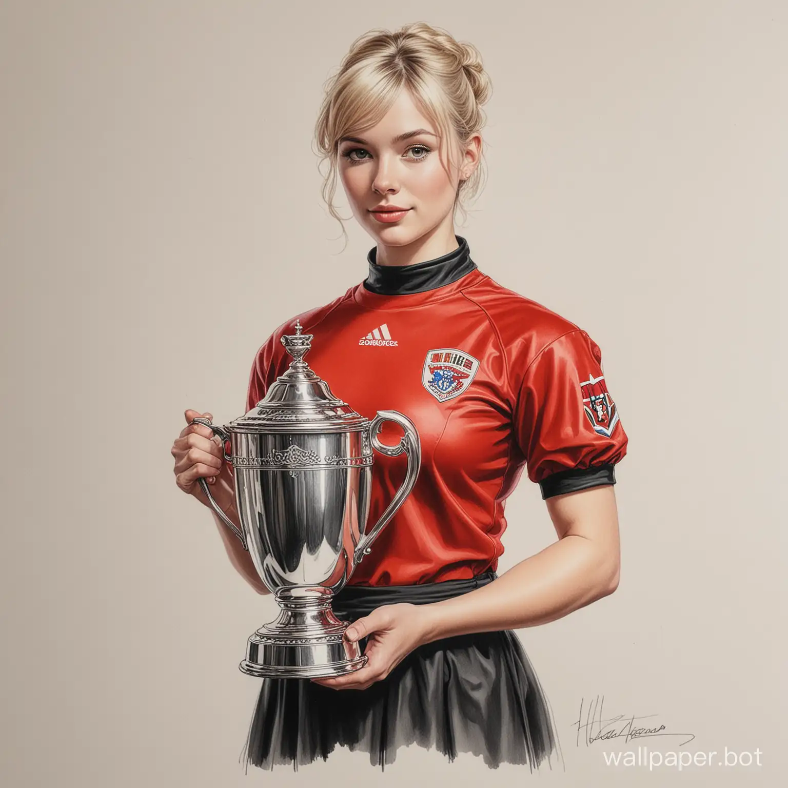 sketch young Hilda Anderson 26 years old light short hair 4 breast size narrow waist in red and black football uniform holding a large cup of champions white background high realism drawing with colored marker Victorian