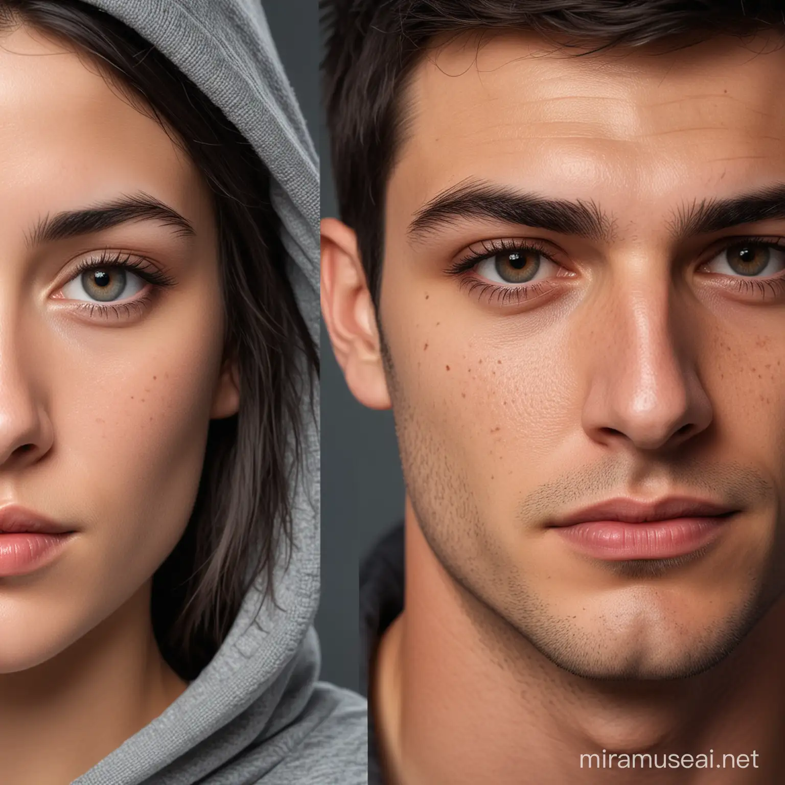 Split-screen photo. On the left side, the young woman face with dark hair and a clean shave. On the right side, the man with hoodie and grim look. Both sides are in full color, showing detailed skin texture and realistic features, with the division line running down the center of the image.