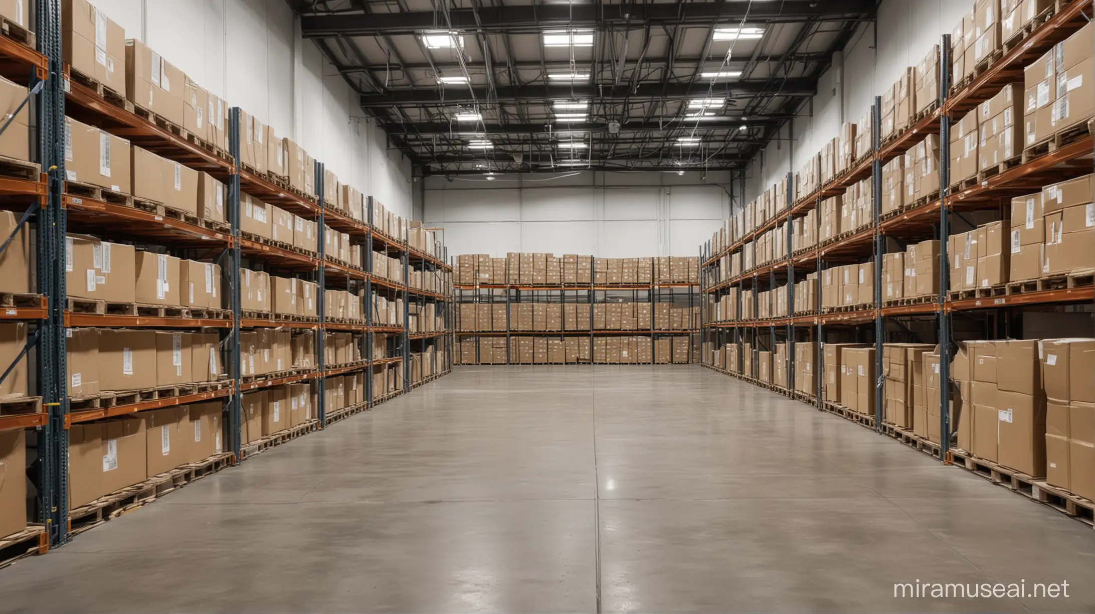 IMAGE OF A STORAGE AREA WHERE KRAFT BOXES ARE STORED, THE WAREHOUSE IS 10 METERS WIDE AND 30 METERS LONG, WITH A VIEW FROM ANY CORNER. THE WAREHOUSE OF VOLVO SPARE PARTS MANUFACTURER VOYEPA