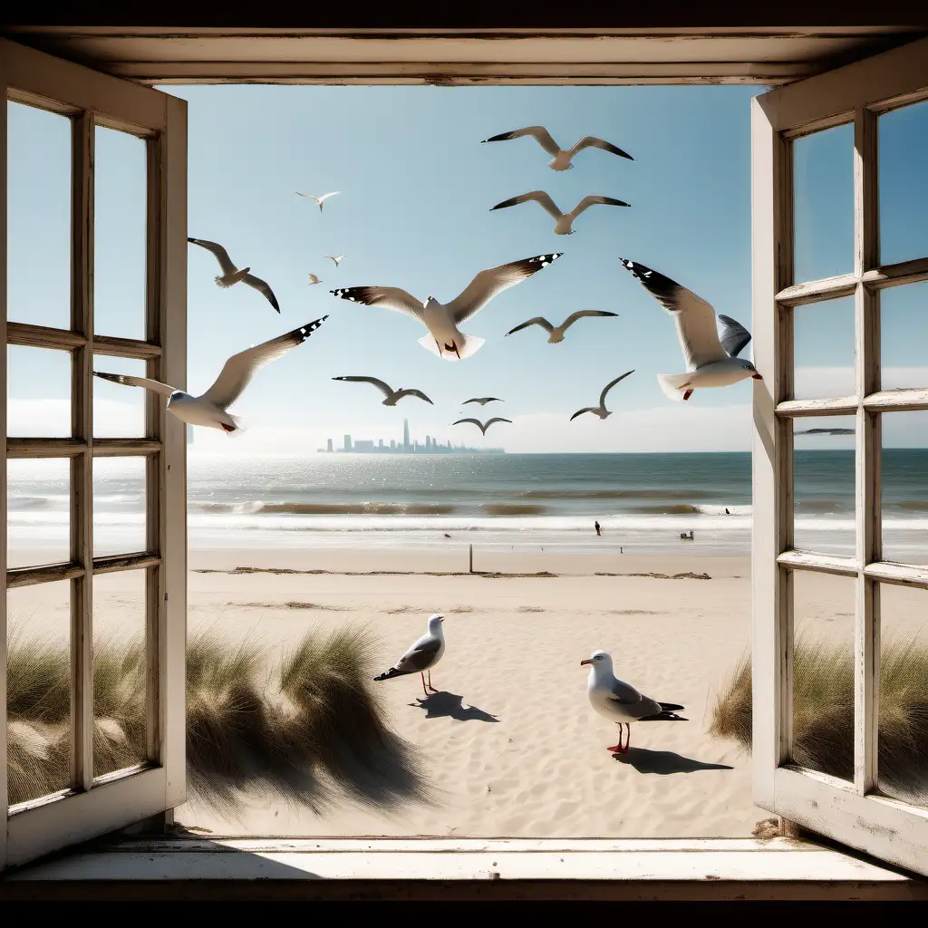 a beuatiful pictureque outdoor scene of a beach with seagulls and skyline viewed through  a visible open window