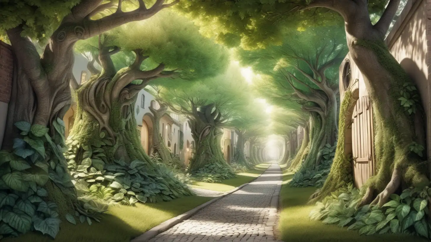 Transform a mundane urban alleyway into a whimsical fairy tale forest, where towering trees adorned with leaves of every shade cast dappled shadows on the white wall canvas below, and mystical creatures peek out from behind every corner.