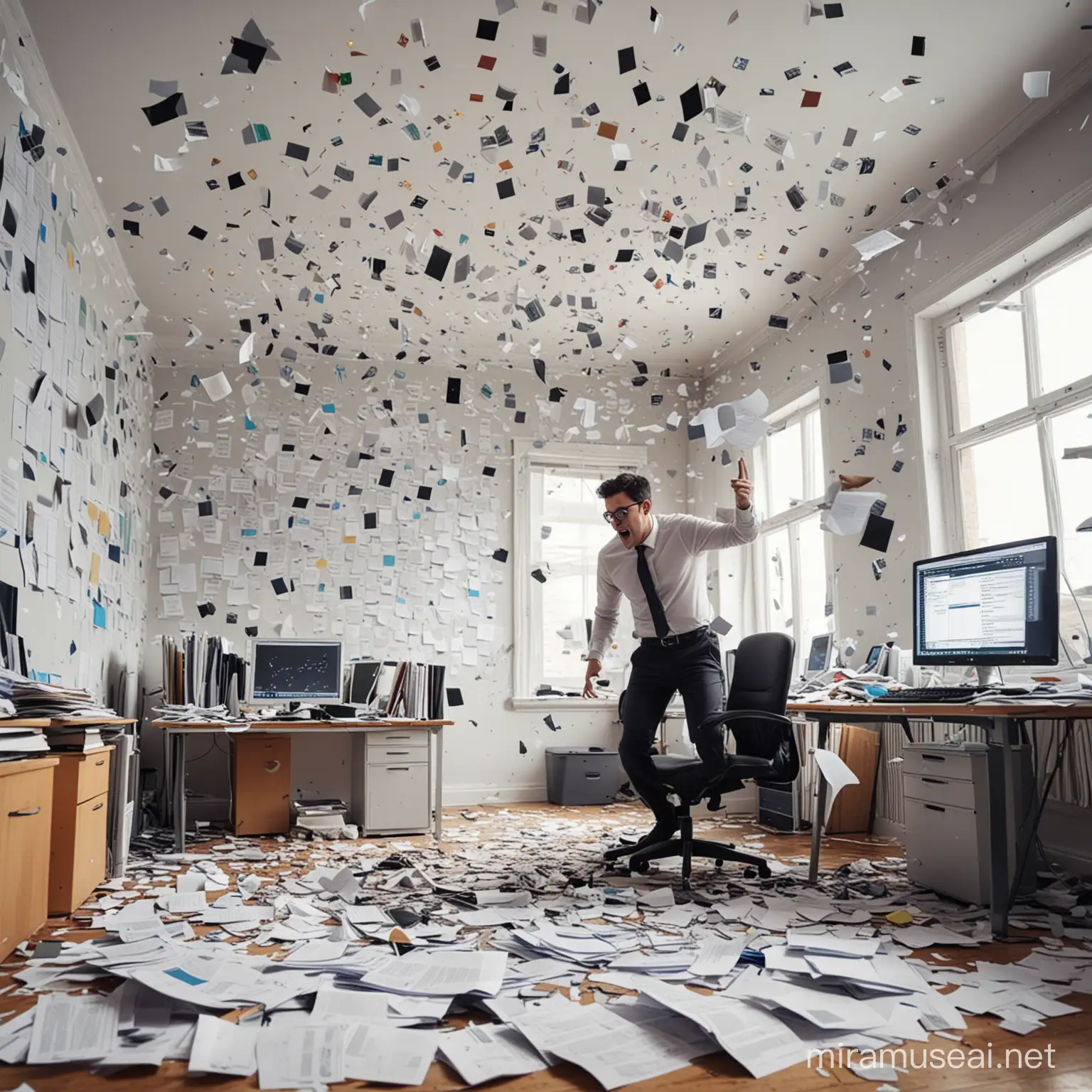 create an office worker exploring messy data. the image must show computers and documents flying over the room
