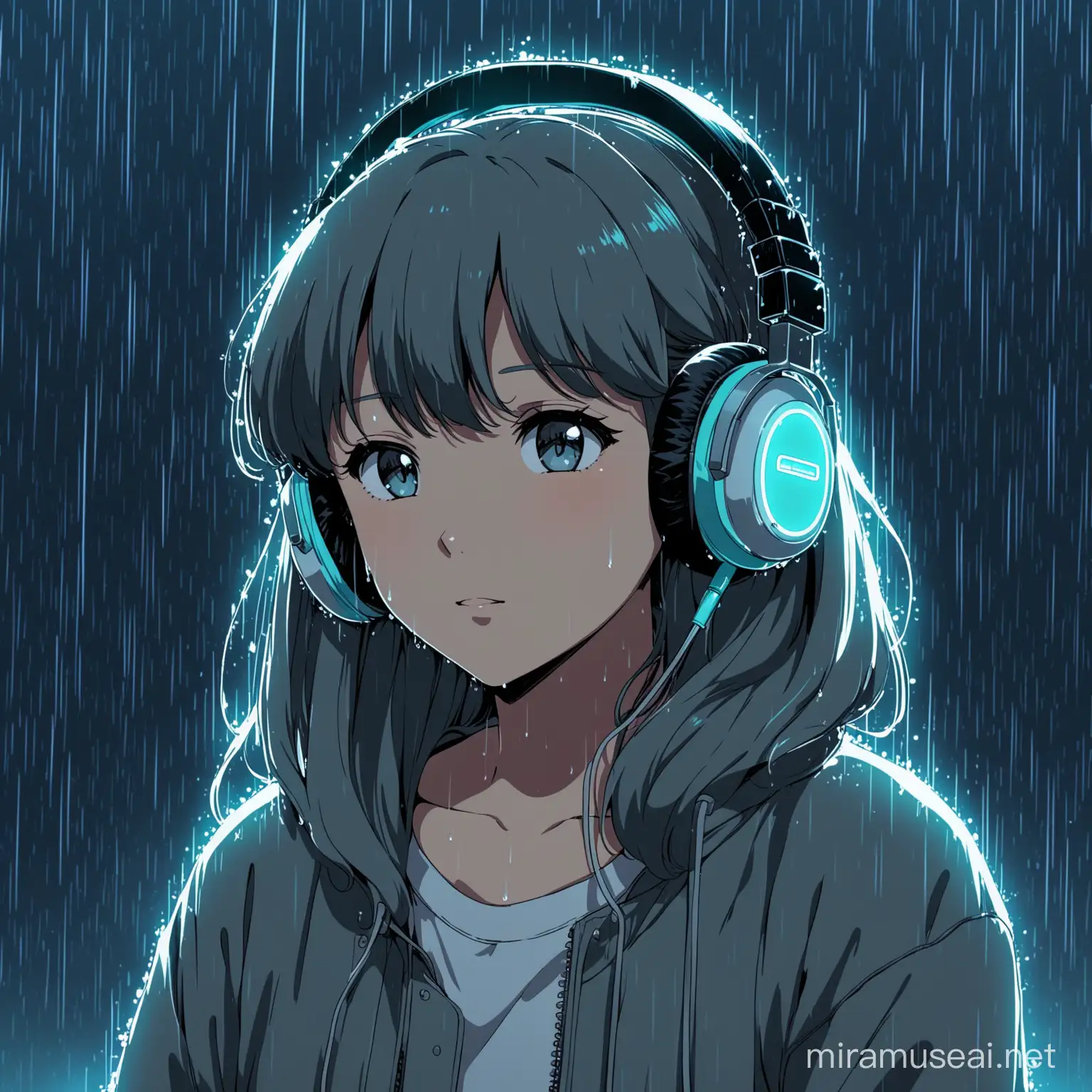 /imagine prompt: anime::1 1980s::1 nightclublighting::1 neon::1 gray::1 --v 4 listening music lofi headphones, gray colors, rain. 1980s anime style