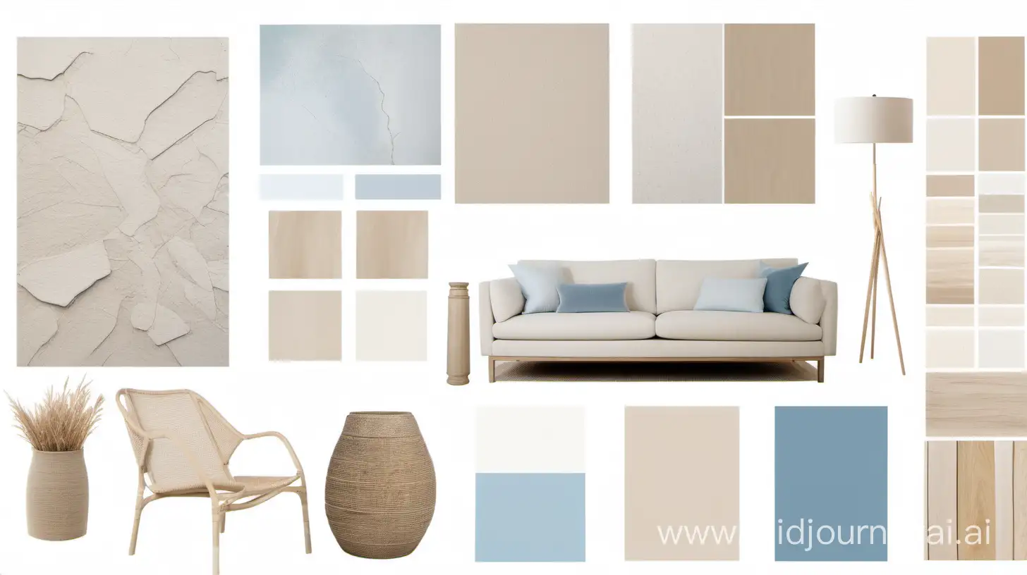 /imagine a mood board for interior design with natural beige white and light blue accents