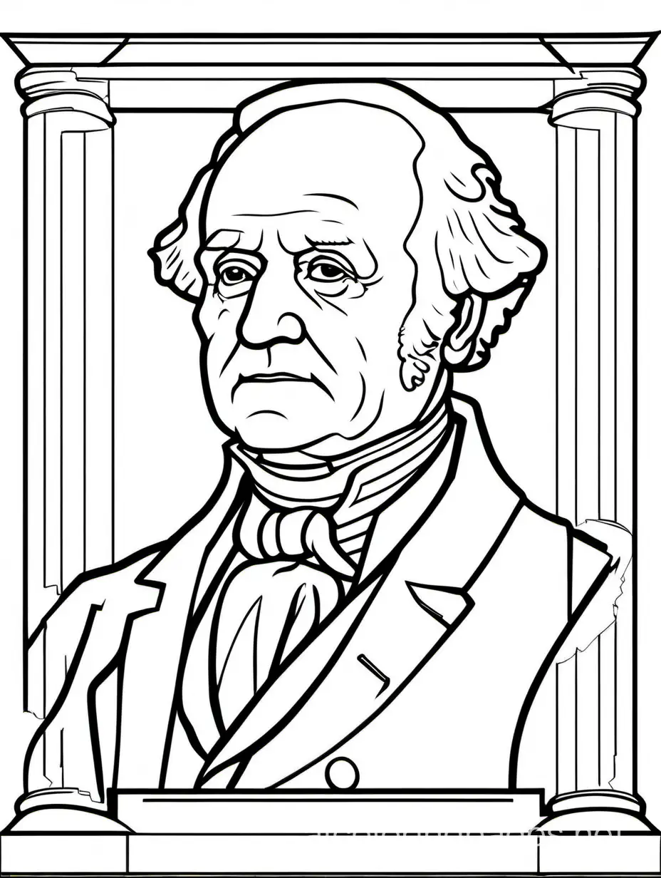 outline of President Martin Van Buren for young children, Coloring Page, black and white, line art, white background, Simplicity, Ample White Space. The background of the coloring page is plain white to make it easy for young children to color within the lines. The outlines of all the subjects are easy to distinguish, making it simple for kids to color without too much difficulty