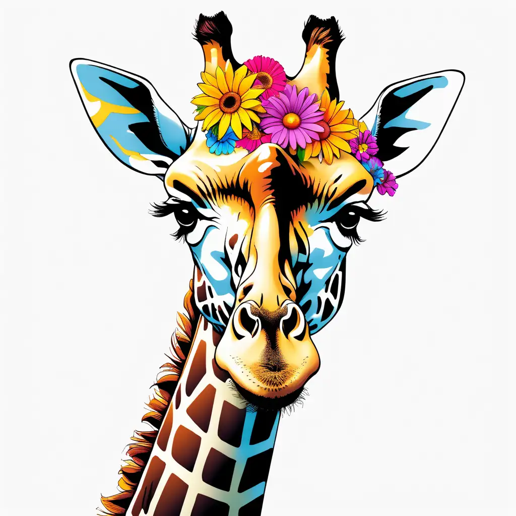 Graceful Giraffe Adorned with Colorful Flower Bouquet