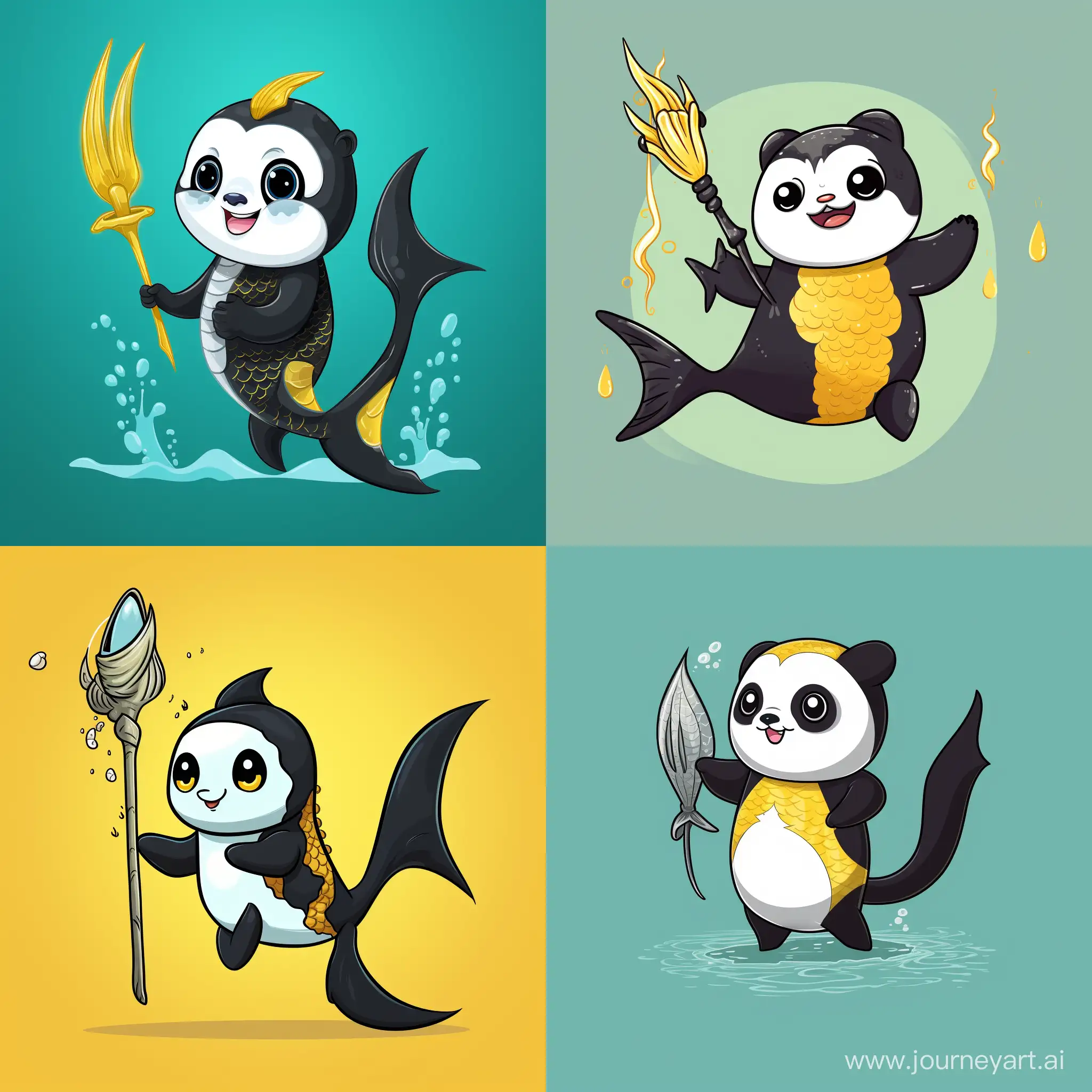 Cartoon-Panda-Mermaid-with-Trident-on-Yellow-Background