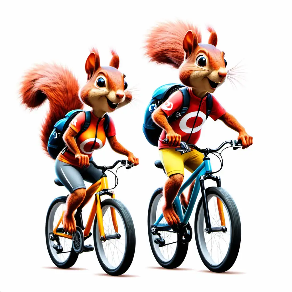 A male squirrel, and a female squirrel,  Disney style cartoon, riding mountain bikes dressed in cycling clothing, on white background