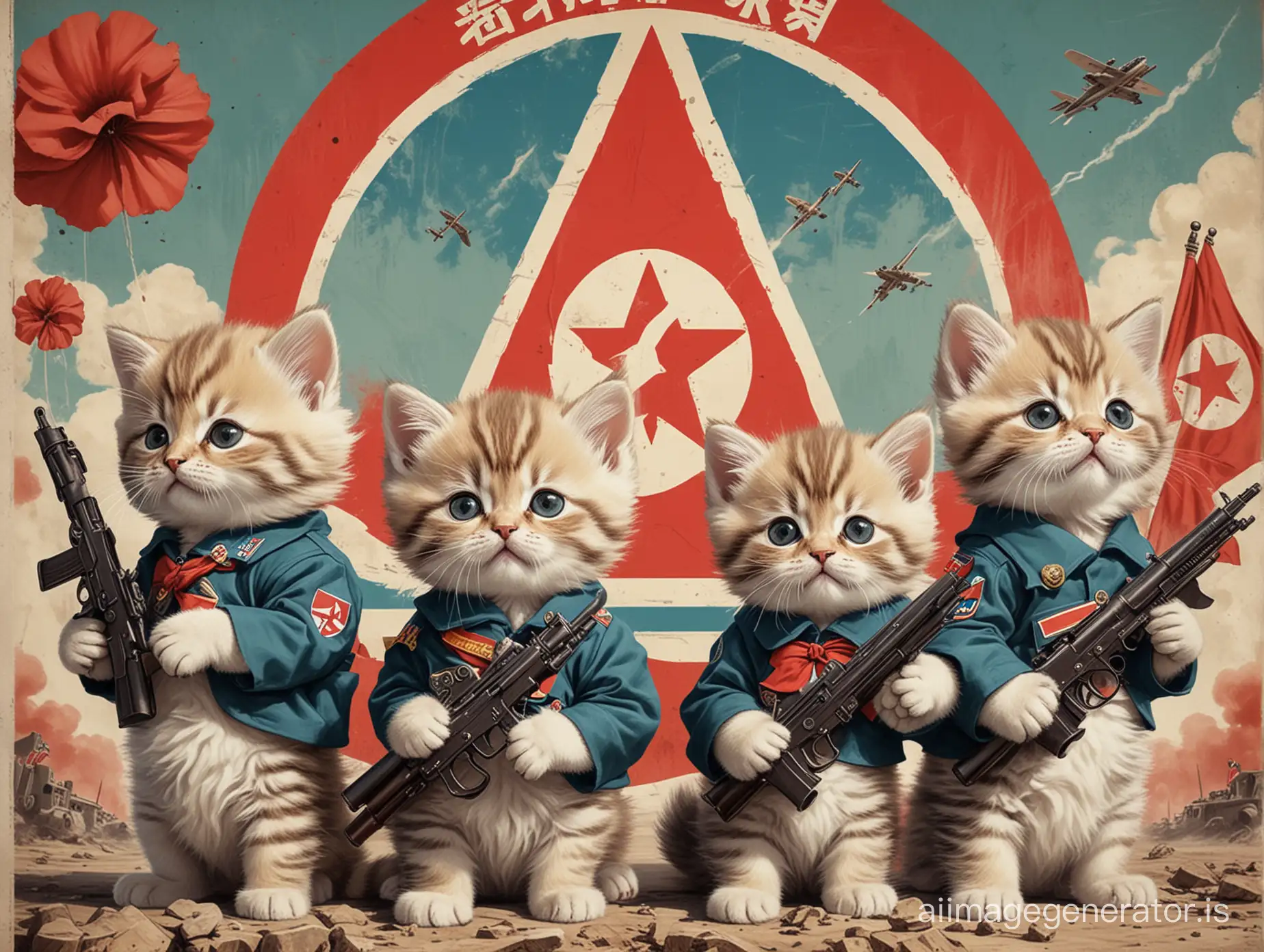North Korean propaganda style poster depicting kittens in uniforms with guns and flags with mushroom cloud in background and Korean slogans in large font.
 Cold War illustration style, (weird:1.3). In the style of dramatic Cold War propaganda