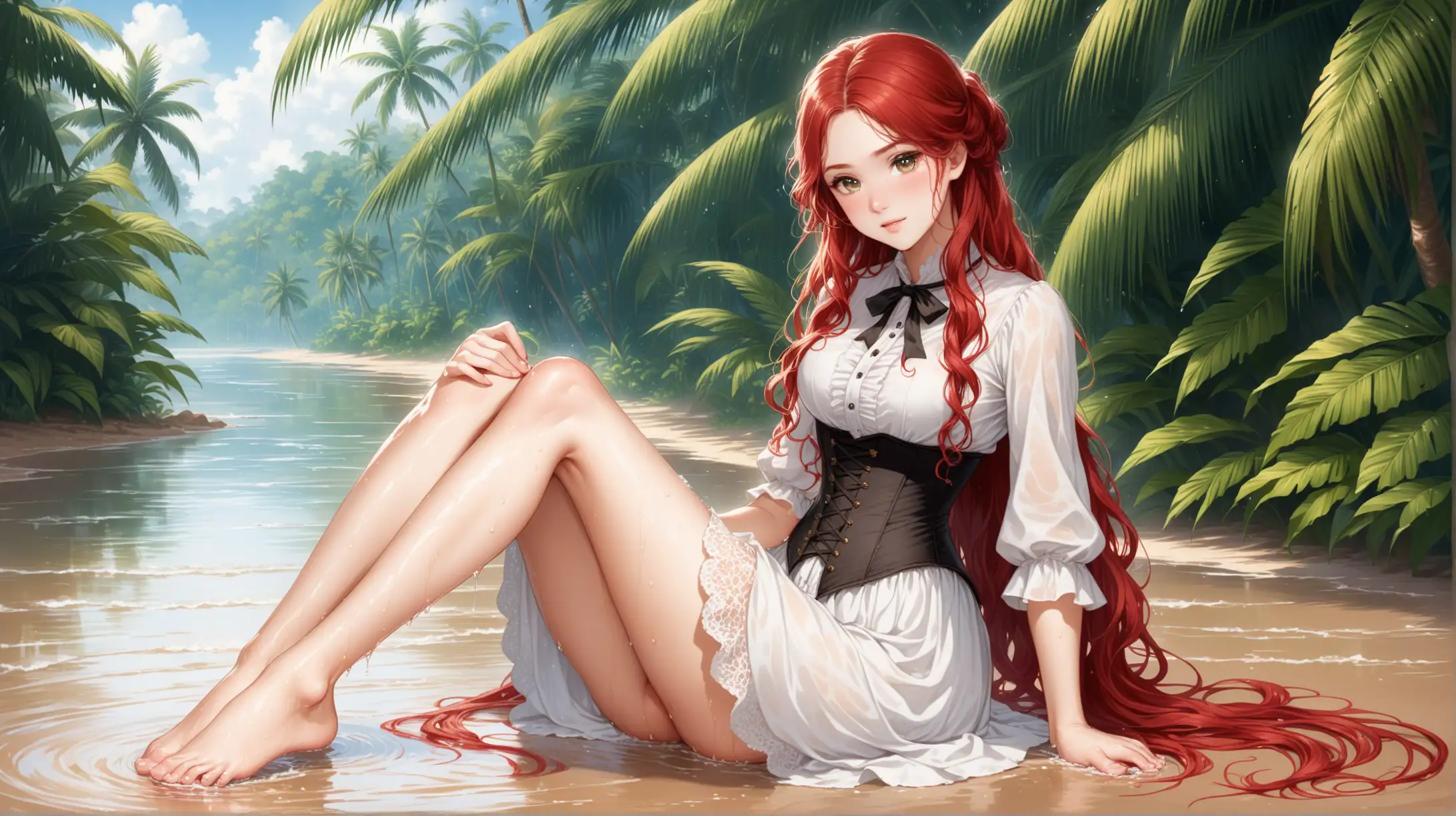 22 year old Young British wife 1880s,  in the tropics, hot, sweaty skin, carte de visite, corset, very cute face, curly red hair, long legs, bare feet, full body portrait, highly detailed photograph, extremely long neck, extremely long legs, wet cotton blouse, wet cotton skirt, sitting on the ground, legs bent, cute toes