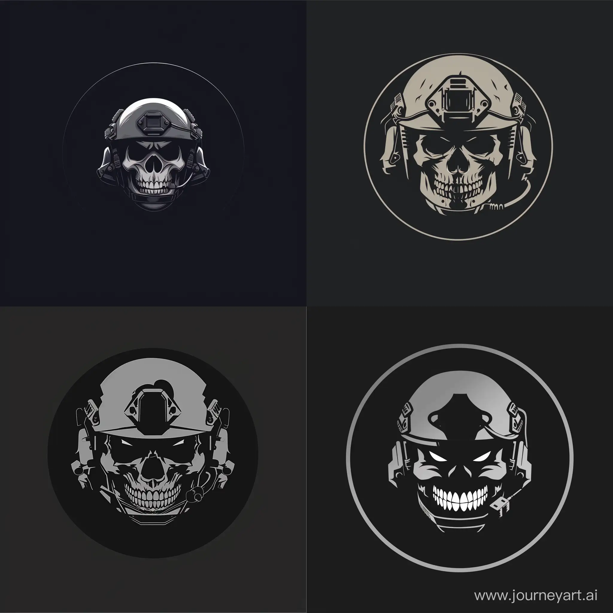 logo, black circle, angry smile, minimalistic, modern military equipment, helmet, skull mask, black background