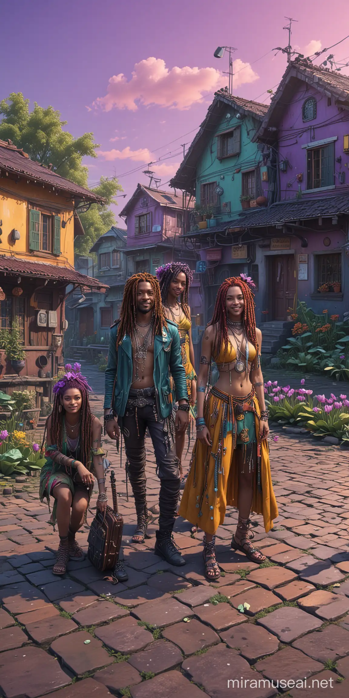 five females and males smiling cyberpunks in colored style, cyberpunks with long dreadlocks, crooked people who carry around a bag and cane, medival colored clothes, different activities and poses, they play musical instruments in different poses, purple, turquoise, yellow, green, decorated with lotus flowers and water lilies, music instruments like drum sets and guitars and saxophones are lying left and right on the floor, dark colored futuristic village houses on background, asymmetric background psychedelic in multiple colors wearing of heavily, background blurred, hyperrealistic, realistic