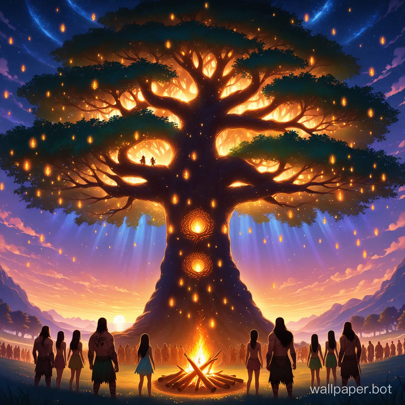 Tree-of-Life-Surrounded-by-Fairies-Humans-and-Berserkers-at-Sunset
