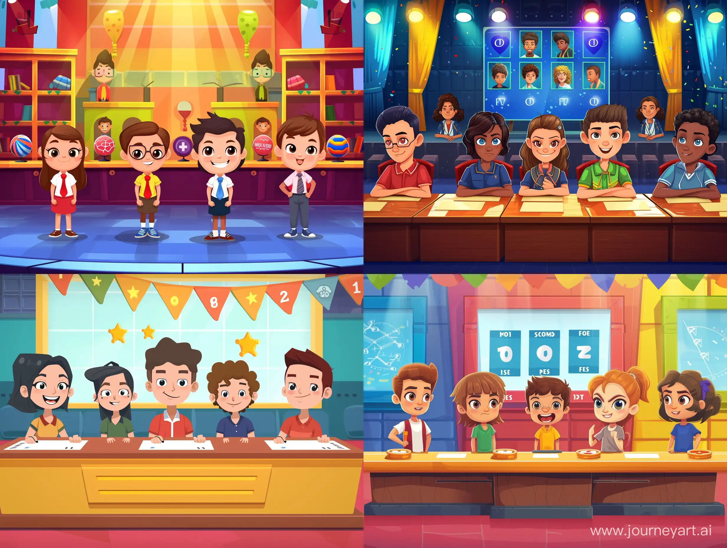 School  game show background for  with 3 teams, each with 3 students more animated background with different competitions
