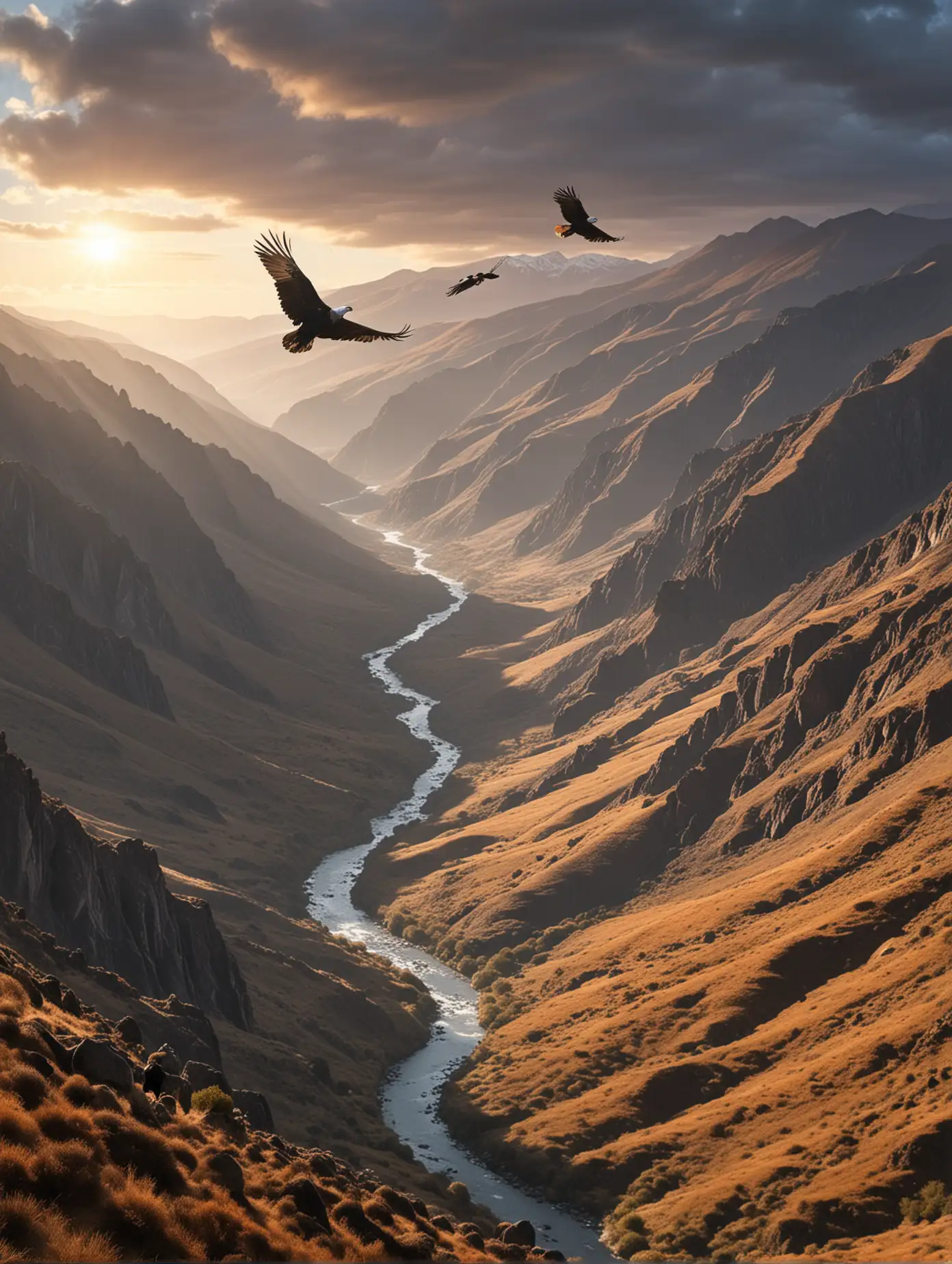 Generate an image of 4 condors flying over a valley in the Andes, there is a tree lined river in the valley and in the paramo ecosystem, there are 2 hikers standing on the hill side looking up at the condors as they circle the valley, it is sunrise and the image is realistic.