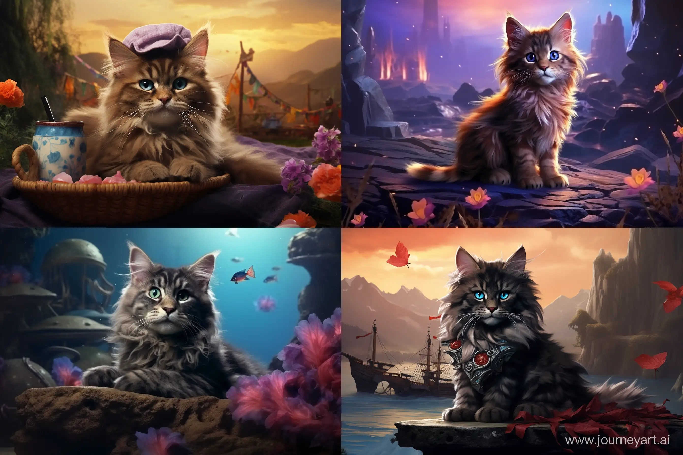 Surrealism: Represents an illustration of a dreamlike and surreal Maine Coon kitten with unexpected elements. --ar 3:2